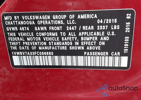 2015 Volkswagen Passat 2.0L Tdi Se z USA, uszkodzony, nr VIN 1VWBV7A33FC086680